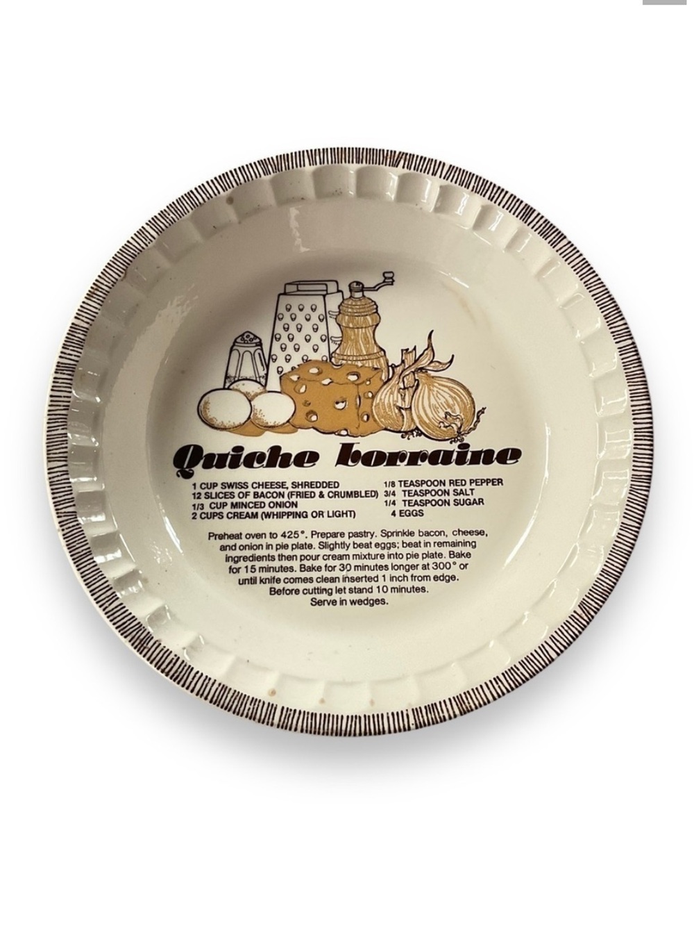 Vintage Recipe Pie Plate Royal China Jeannette Quiche Lorraine‎ Ceramic Bakeware